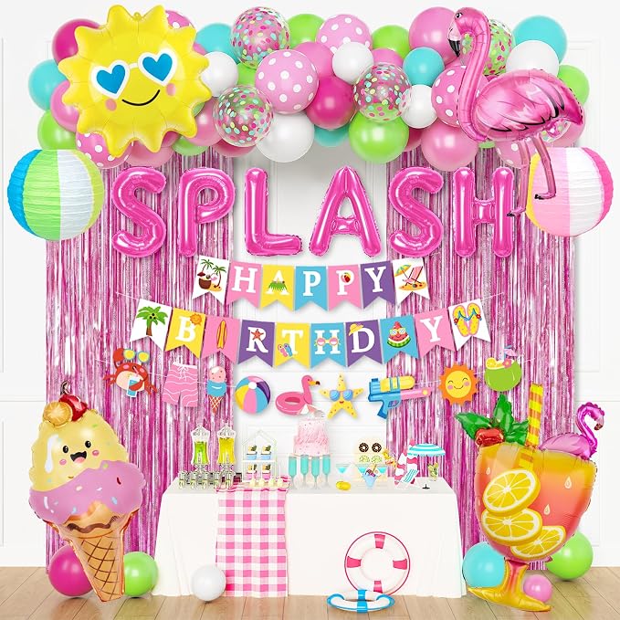 Summer Pool Beach Party Decorations, Splash Birthday Bash Party Supplies Tropical Summer Banner Beach Ball Lantern Fringe Curtain Foil Balloons Arch for Girls Swimming Luau Hawaiian Party Decor(Pink)