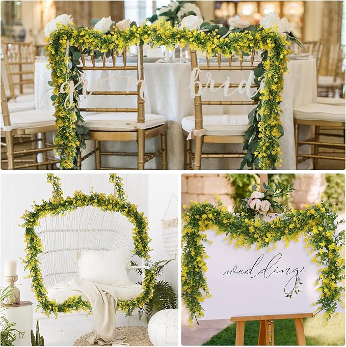 RECUTMS 3Pcs Hanging Garland Plants Artificial Eucalyptus Garland Fake Hanging Eucalyptus Leaf Garlands with Flowers Faux Vine Plants for Indoor Outdoor Spring Home Wall Arch Wedding Decor(Yellow)