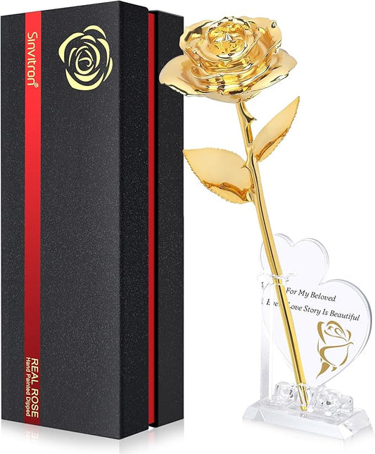 Sinvitron Gold Dipped Rose Real 24K Gold Rose, Hand Dipped One of a Kind Golden Roses, Romantic Gifts for Women on Valentines Day, Anniversary Mother’s Day (Gold)