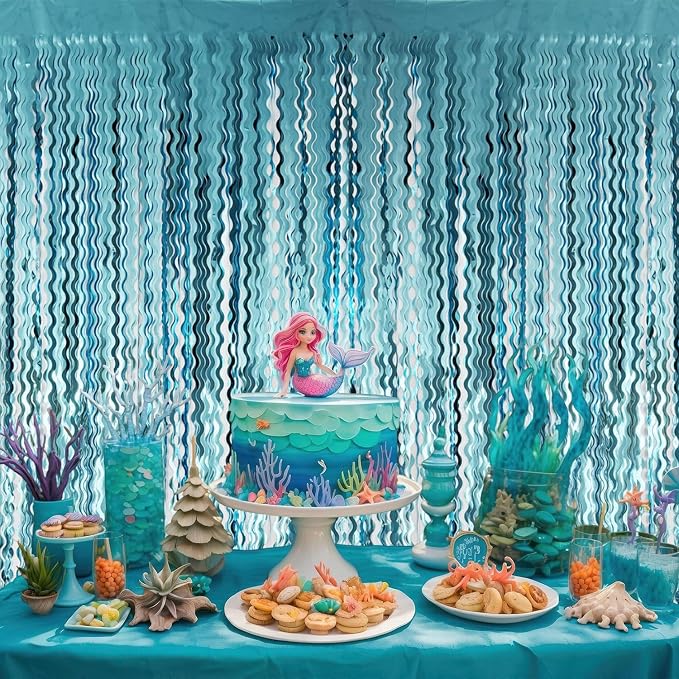 GOER 6.4 ft x 6.5 ft Metallic Tinsel Foil Fringe Curtains,Pack of 2 Party Streamer Backdrop for Birthday,Graduation Decorations and New Year Eve (Wavy Light Blue)