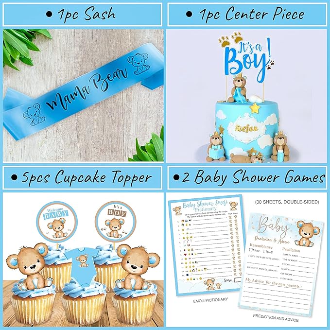 210 PC Teddy Bear Baby Shower Decorations for Boy Kit- It's a BOY Pre-Strung Banners, Garland, Streamers Guestbook Mommy Sash Blue Brown Balloons Cake Toppers Paper Fans Lantern Games & Favor Stickers