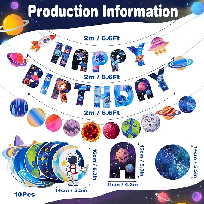 SUNBEAUTY Solar System Birthday Party Decorations Outer Space Happy Birthday Banner Planet Rocket Astronaut Hanging Swirls for Kids Boy Baby Shower First Trip Around The Sun School Supplies