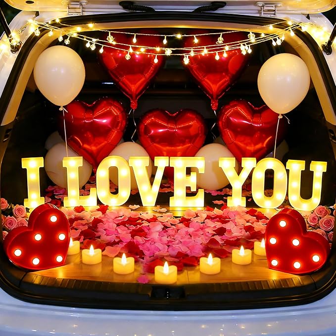 Happy Anniversary Decorations, I Love You Light up Letters Sign, with Rose Petals, Round Pearlescent Balloon, Aluminum Balloons, Table Decor for Wedding Romantic Party