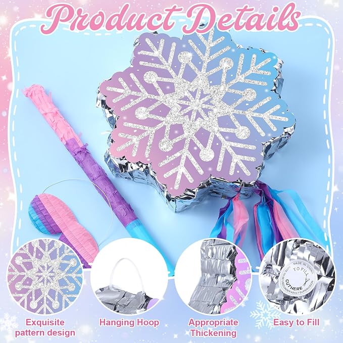 VioraWhite Snowflake Piñata Snowflake Birthday Decorations Wonderland Birthday Party Supplies Piñata with Blindfold Stick for Princess Party Supplies Decorations