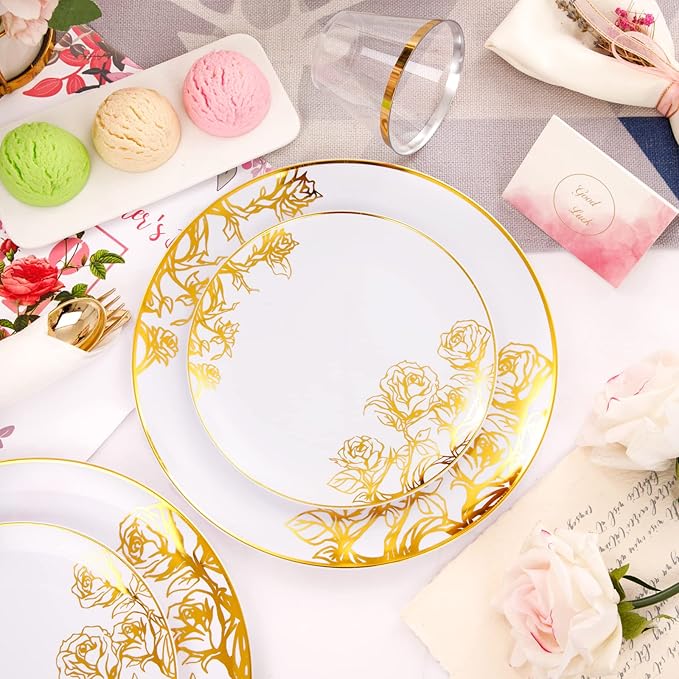 DaYammi 210Pcs White Gold Plastic Plates for Party,Gold Disposable Dinnerware Set Includes 60 gold Floral Plates,30 Plastic Silverware,30 Per Rolled Napkins,30 Cups for Mother's Day Party Wedding