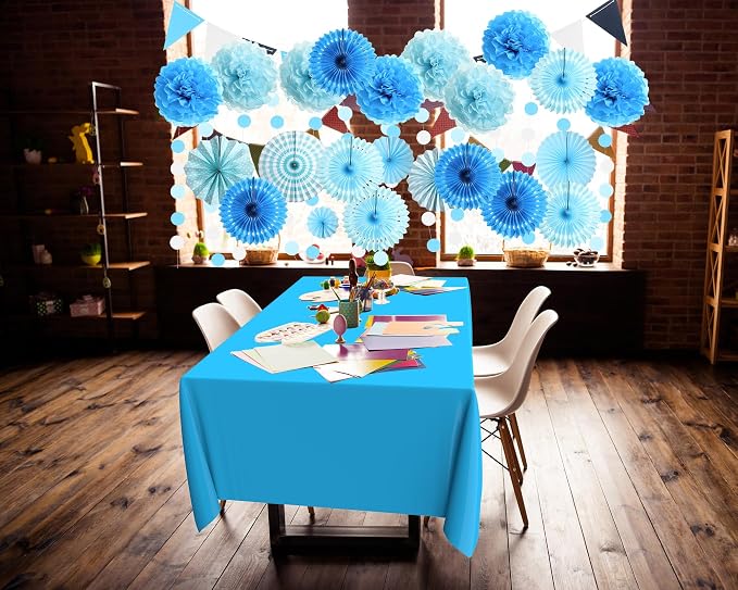 Fullhawl 27 Pcs Navy Blue Party Decoration, 6 Pcs Disposable Tablecloth 21 Pcs Hanging Paper Fans, Pom Poms Flowers, Garland String Polka Dot and Triangle Flag Set for Birthday, Wedding