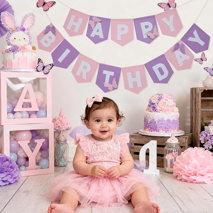 Felt Purple Pink Happy Birthday Banner Birthday Decorations for Women Girls Boys Men Pets Handmade Party Backdrop