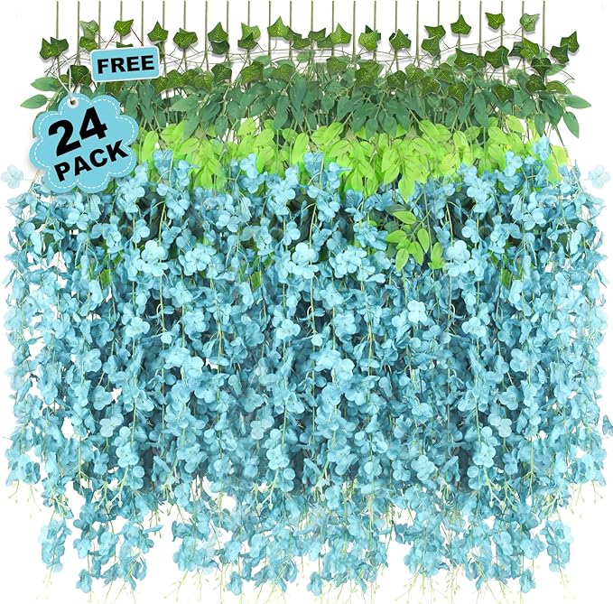 LELEE 25 Pcs Artificial Wisteria Hanging Flowers 3.6ft Light Blue Fake Hanging Flowers Garland Silk Flowers Rattan String Faux Wisteria Vine for Wall Home Wedding Party Arch Greenery Backdrop Decor