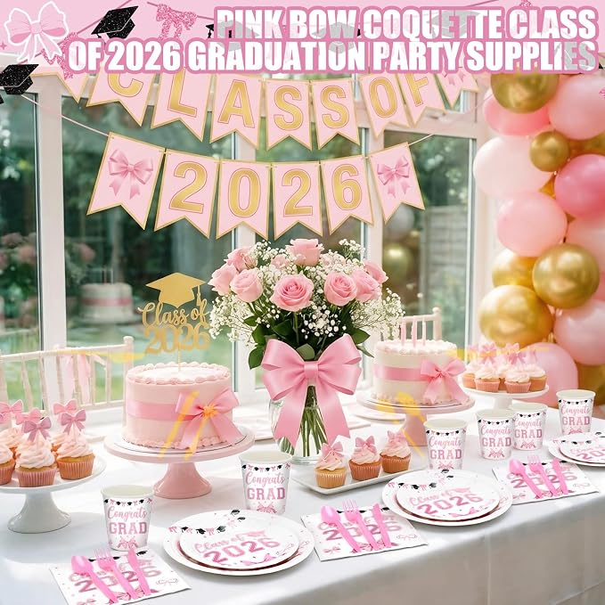 168 Pcs Pink Graduation Decorations Pink Bow Class of 2026 Party Supplies Serve 24 Coquette Graduation Plates, Napkins, Cutlery Set Congrats Grad Tableware Set Disposable Paper Plates Cups