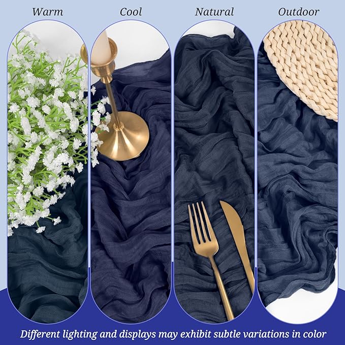 10 Pack Cheesecloth Table Runner Navy Blue, Rustic Boho Gauze Fabric Table Runner Romantic Table Runner for Wedding, Festival, Birthday, Anniversary, Dinner and Outdoor Events (17.7 x 108 inch)