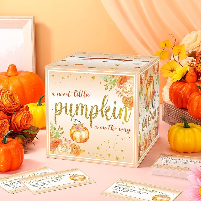 Teling 51 Pieces Diaper Raffle Tickets with Card Box Baby Shower Decorations Baby Shower Holder Box for Girl Boy Diaper Raffle Party(Pumpkin)