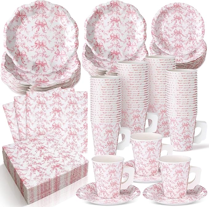Pickmesh 252 Pcs Pink Bow Floral Tea Party Supplies for 36 Guests Flower Paper Disposable Dinnerware Flower Teacup with Handle and Saucers Set for Tea Party Decorations Birthday Baby Shower Wedding
