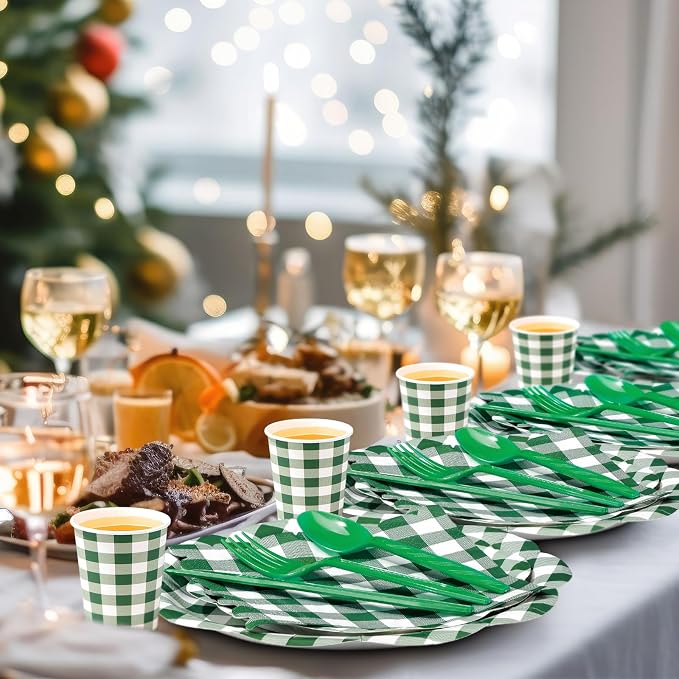 Funnymoom 400 Pcs Gingham Party Supplies for 50 Guests Dark Green and White Paper Plates and Napkins Knives Spoon Fork Cup Disposable Checkered Dinner Party Set Cutlery for Baby Shower Wedding Favor