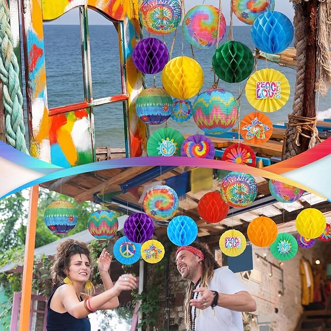 Retisee 18 Pcs 70s Hippie Party Decorations Hanging Paper Lanterns Tie Dye Groovy Honeycomb Tissue Groovy Retro Flower Peace Sign Paper Fans for 60s 70s Birthday Party Decoration (Hippietie, Tie Dye)