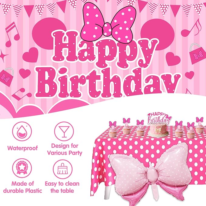 Pink Polka Dot Birthday Decorations for Girls, Cartoon Mouse Theme Party Supplies Include Balloon Arch Garland, Bow Backdrop, Tablecloth, Cake Toppers, Large Foil Bow Balloon for 1st 2nd 3rd