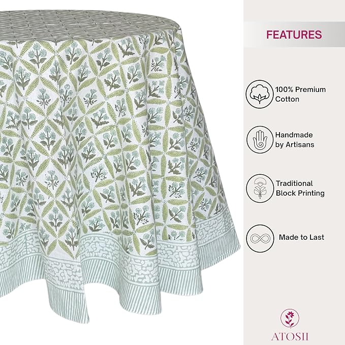 ATOSII Netta Green 100% Cotton Round Boho Fall Tablecloth, Handblock Floral Table Cloth Linen for Kitchen Dining I Parties Weddings Outdoors Picnics Easter Mothers Day I 60" Inches Round I 4 Seater