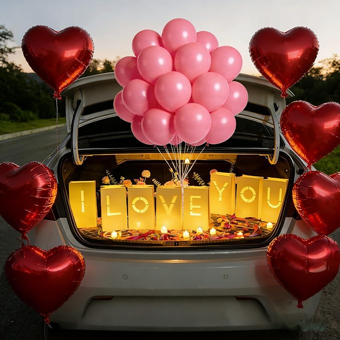 I Love You Light Up Letters with Tea Lights Candles Rose Petals Heart Balloons Luminary Paper Bags for Romantic Valentines Wedding Anniversary Banner Sign Decorations to Loved One(2068Pcs)