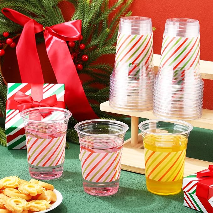 100 Pack Red and Green Striped Plastic Cups 16 oz Disposable Pastel Striped Carnival Party Cups Bulk for Circus Theme Birthday, Spring, Fiesta Party Supplies