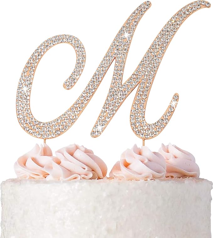 Letter M Cake Topper - Premium Rose Gold Metal - M Monogram Wedding or Anniversary Party Sparkly Rhinestone Initial Decoration Makes a Great Centerpiece - Now Protected in a Box