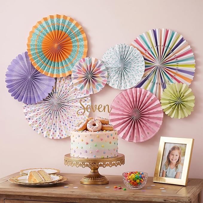 PapaKit Origami Wall Decoration Set (8 Assorted Round Paper Fans) Birthday Party Baby Shower Wedding Events Decor | Creative Art Design Pattern (Festive Colors with Mixed Patterns, 8 Piece Set)