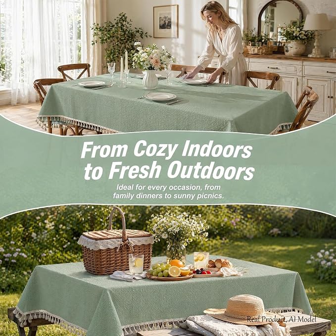 Sage Green Tablecloth for Rectangle Tables - 55x86 Inch Linen Textured Farmhouse Waffle Weave Table Cloth with Tassel Fringe, Stain Resistant Wrinkle Free Cover for Dining Kitchen Party