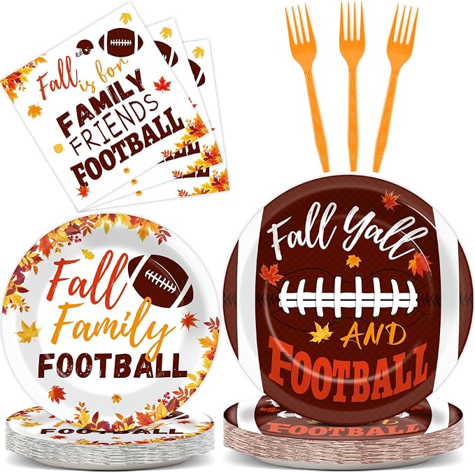 96 Pcs Football Fall Party Supplies Football and Fall Y'all Tableware Plates Napkins Rustic Football Autumn Dinnerware Table Decorations Maple Leaves Thanksgiving Holiday Party Favor for 24 Guests