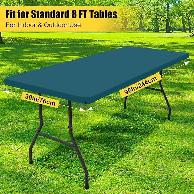 Smiry 4 Pack Rectangle Picnic Table Cloth, Waterproof Elastic Fitted Tablecloths, Washable Polyester Rectangular Patio Table Cover for Camping, Indoor and Outdoor (Peacock Blue, 30"x96")