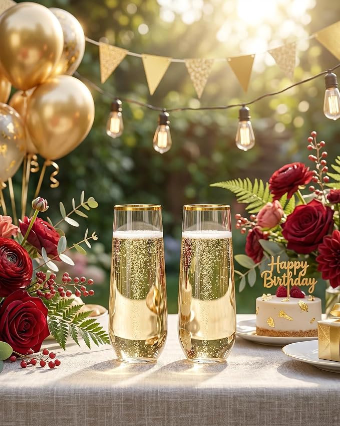 Ciaell 24 Pack Gold Plastic Champagne Flutes - 9 Oz Disposable Champagne Glasses - Stemless Mimosa Glass for Parties & Weddings & Birthdays