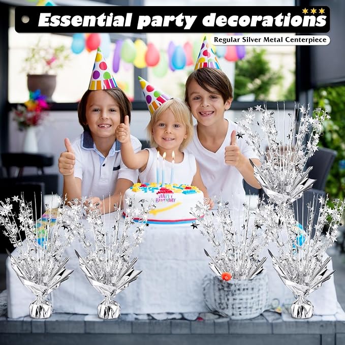 6 Pack Metallic Foil Spray Centerpiece Star Table Decoration Burst Table Centerpieces for Birthday Weddings Anniversaries Christmas New Year Holiday Party Supplies Decor (Silver)