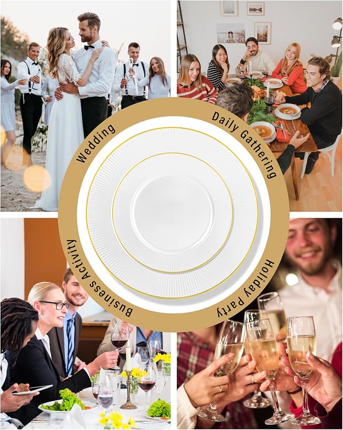 Hioasis 60pcs White and Gold Plastic Plates - White Disposable Dinnerware Set, 30pcs Dinner 10in & 30pcs Dessert 7in Plates with Striped Designs for Party & Wedding