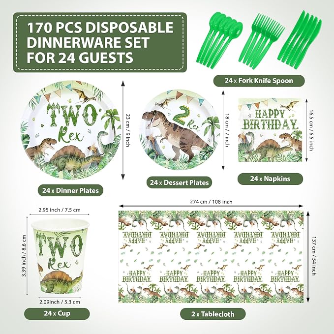 170Pcs Dinosaur 2nd Birthday Party Supplies Two Rex Dinosaur Plates for Boy | Watercolor 2 Rex Plates Napkins Cups Forks Knives Spoons Tablecloths Tableware Set Dino 2 Year Old Birthday Decor Serves 24