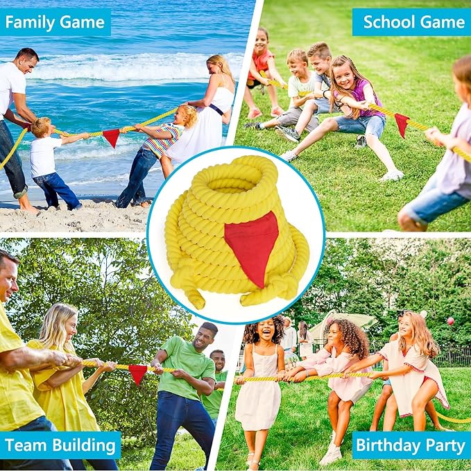 X XBEN Tug of War Rope with Flag for Kids, Teens and Adults 20FT, Soft Cotton Rope Games for Team Building Activities, Family Reunion, Birthday Party Yellow