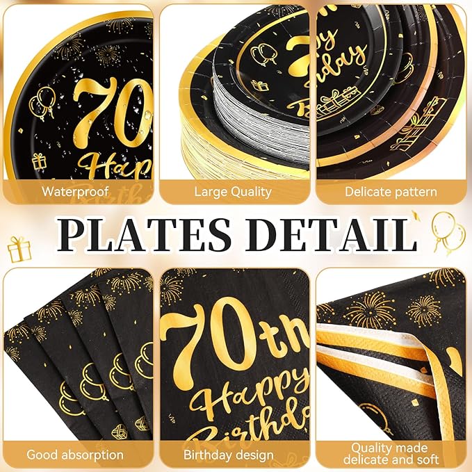 Funnymoom 452 Pcs 70th Birthday Party Decorations Set for Men Women, Black and Gold Happy 70th Birthday Paper Plates Napkins Cups Tablecloth Cutlery Straws Cheers to 70 Years Anniversary Party