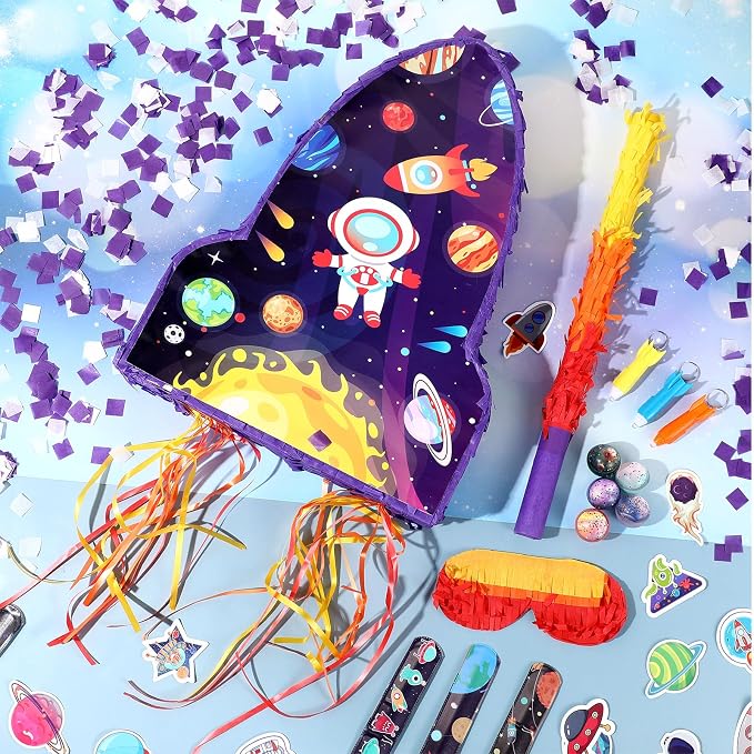 Meooeck 90 Pcs 16 x 12 x 3 Rocket Ship Piñata with Blindfold Piñata Stick Confetti Set, Outer Space Party Favors Include Slap Bracelet Sticker Bouncy Ball Flashlight Keychains