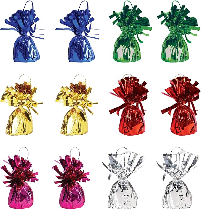 Beistle Metallic Wrapped Balloon Weights – 12 Pack, Assorted Color Centerpiece Bouquet Holders with Matching Wire Ribbon Loops, Party Décor for Birthdays, Events, and Celebrations, Colors Vary, 6 Oz