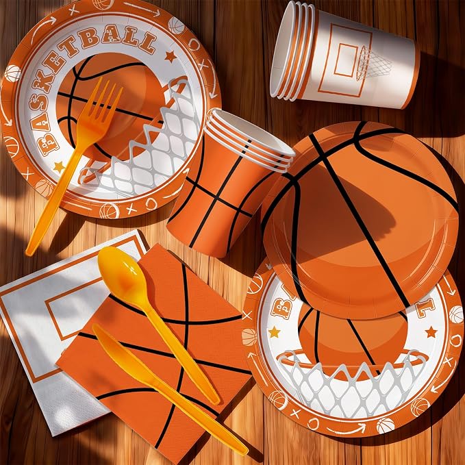 168PCS Basketball Party Supplies for Teenagers Sports Themed Birthday Party Decorations Basketball Team Paper Plates Napkin Cups Forks Knives Tableware for 24 Guests
