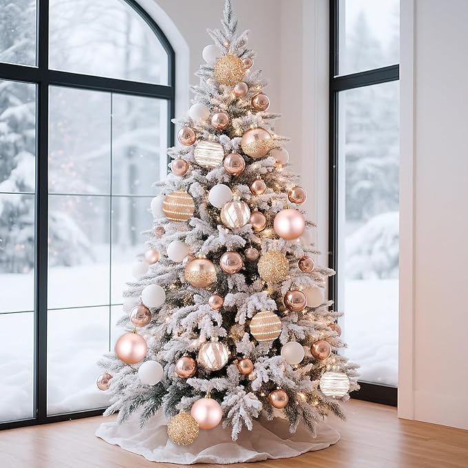 Lyrow 12 Pcs 4 inch Christmas Balls Ornaments Glitter Shatterproof Christmas Decorations Tree Balls Sparkly Holiday Ornaments Bulk for Xmas Trees(Rose Gold)