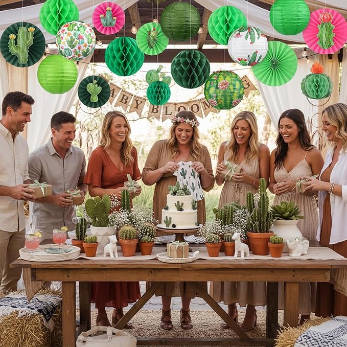 Retisee 18 Pcs Cactus Party Decorations Succulent Hanging Paper Lanterns Plant Honeycomb Fans Honeycomb Ball for Cactus Taco Bout a Theme Birthday Baby Shower Decorations