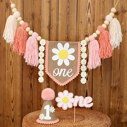 Boho Pink Daisy Handmade Burlap Birthday High Chair Banner Wild One Cake Topper Birthday Cone Hat Happy Birthday Party Decorations for Baby Girls