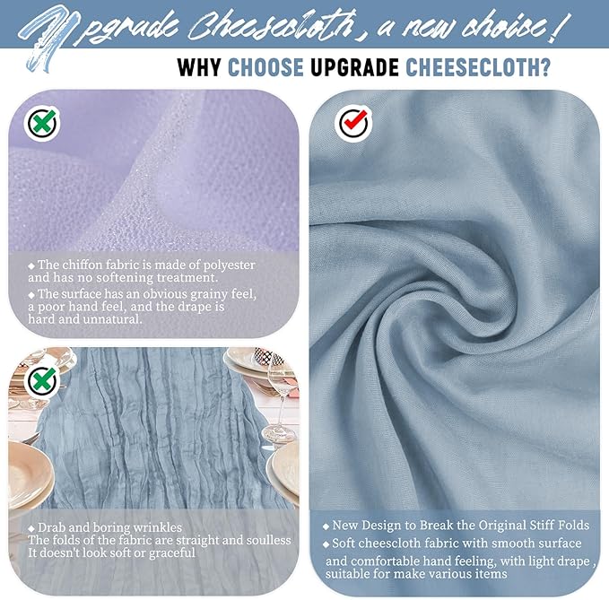 Teruntrue 24 Packs Dusty Blue Cheesecloth Table Runner,10ft Rustic Gauze Boho Wedding Table Runner Decoration, Wedding Table Decor Sheer Table Runner for Wedding Party Bridal Shower Table