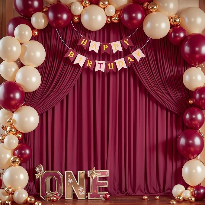 Burgundy Backdrop Curtains 6 Panels - Wrinkle-Free Polyester Photography Drapes for Baby Shower & Birthday Party - 24 X 10FT