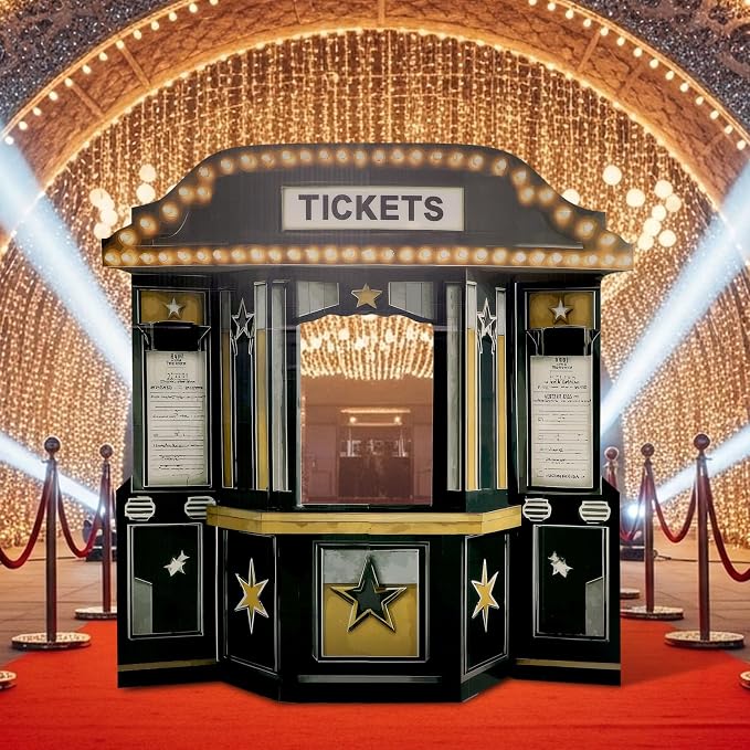 Threehoney 5.3 ft Movie Awards Night Party Decoration 3D Movie Theater Ticket Booth Cardboard Cutout Stand up Premiere Party Decorations Theater Ticket Booth Photo Backdrop for Awards Theme Decoration