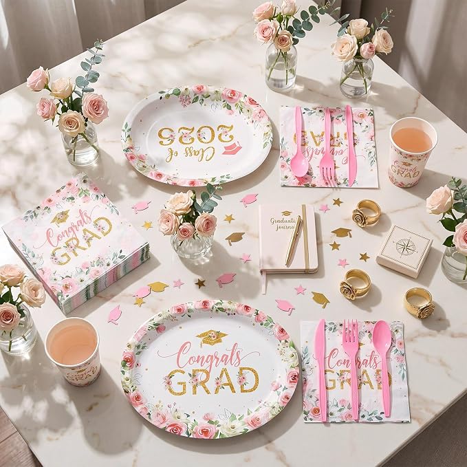 Pajean 350 Pcs Class of 2026 Floral Graduation Party Decorations 12 inch Disposable Pink Gold Floral Oval Plates Napkins Pink Heavy Duty Paper Tableware Set for 50 Guests Grad Party Supplies