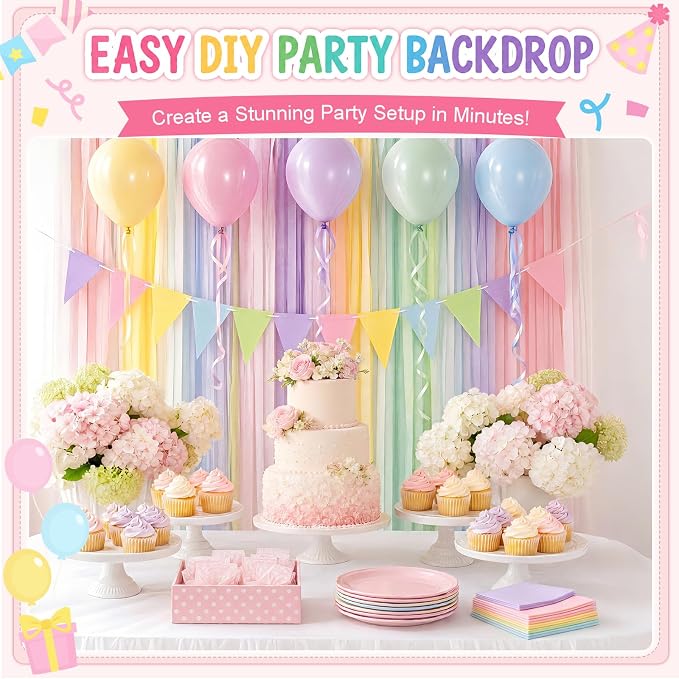 Sabary 40 Pcs Pastel Birthday Party Decorations Set, 738ft Pastel Crepe Paper Streamers, 6 Rainbow Pennant Banner Flags and 25 Pcs 12'' Macaron Balloons for Wedding Birthday Party Hanging Decor
