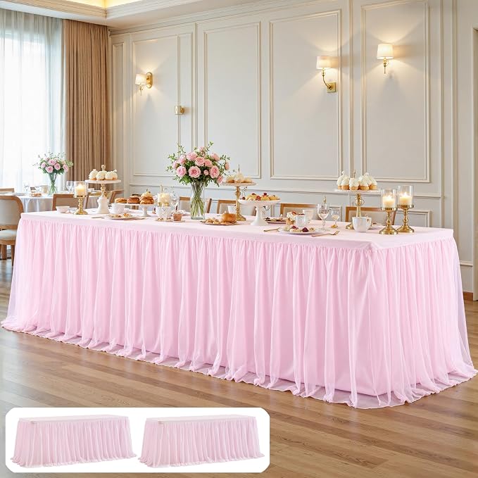 2 Pack Pink Tablecloths for 8 Foot Rectangle Tables with Tulle Table Skirt Wedding Table Cover Stretchy Fitted Ruffle Tutu Tablecloth for Baby Shower Reception Birthday Parties Celebration Banquet