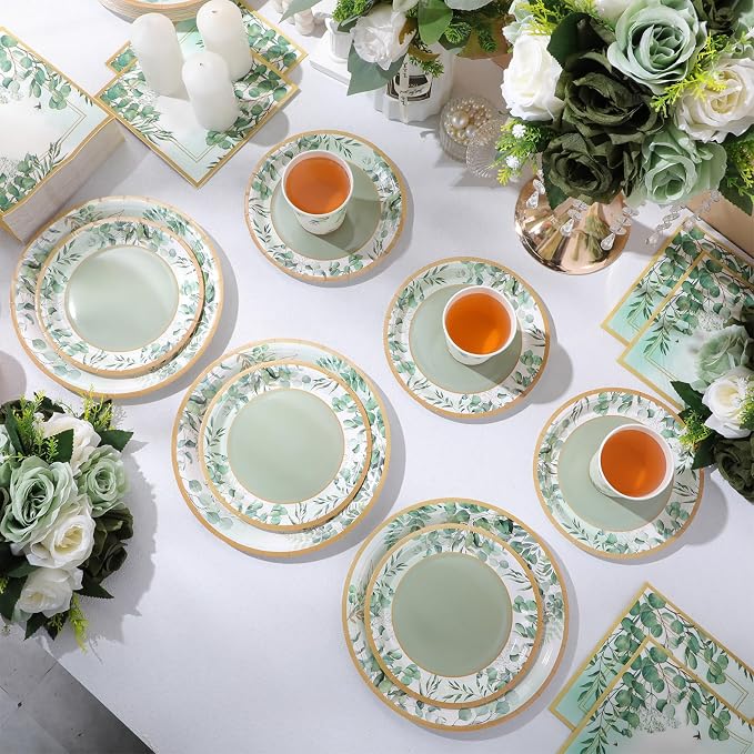 Pickmesh 250 Pcs Sage Green Party Supplies Paper Plates and Napkins Cups Dinnerware Sage Green Disposable Tableware Set for Birthday Bridal Baby Shower Wedding Decoration Serves 50