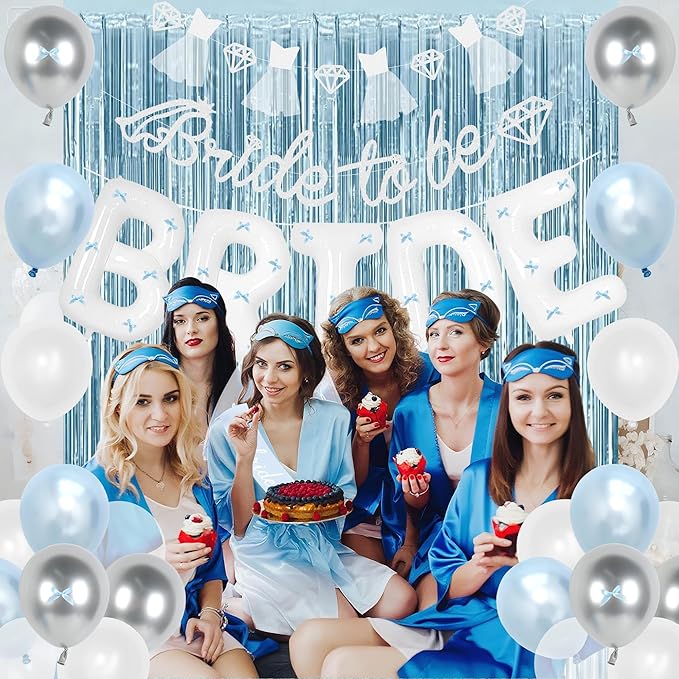 Holkcog Blue Bachelorette Party Decorations, Bride to Be Bridal Shower Decorations, Bride to Be Banner, Bridal Shower Tiara, Sash&Veil, Fringe Curtains, Blue and White Bachelorette Party supply