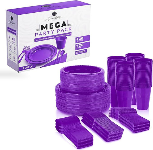 Grandipity 720 Piece Disposable Dinnerware Set, Plastic Dinnerware Set Includes 120 Count 9' Dinner Plates, 7' Dessert Plates, 12oz Cups, Forks, Knives & Spoons - Purple