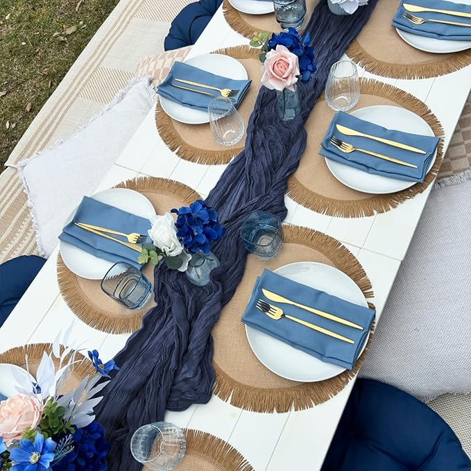 3 Pack Navy Blue Cheesecloth Table Runner 10FT Boho Gauze Cheese Cloth Table Runner Blue for Wedding Party Baby Shower Birthday Home Decor Holiday Decorations