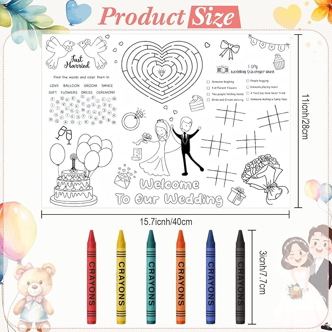 25 Set Wedding Games for Reception Wedding Coloring Placemats with Crayons 15.7 x 11 Inch Coloring Wedding Place Mats for Wedding Games Favors Entertainment Party Supplies